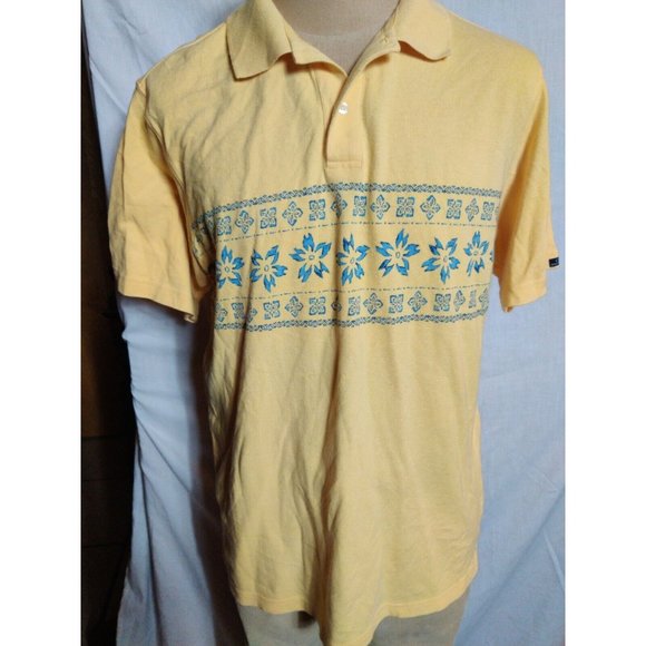 Chaps Ralph Lauren Polo Shirt Mens  Yellowy Gold w Blue Floral Chest Band Size L - Picture 1 of 6